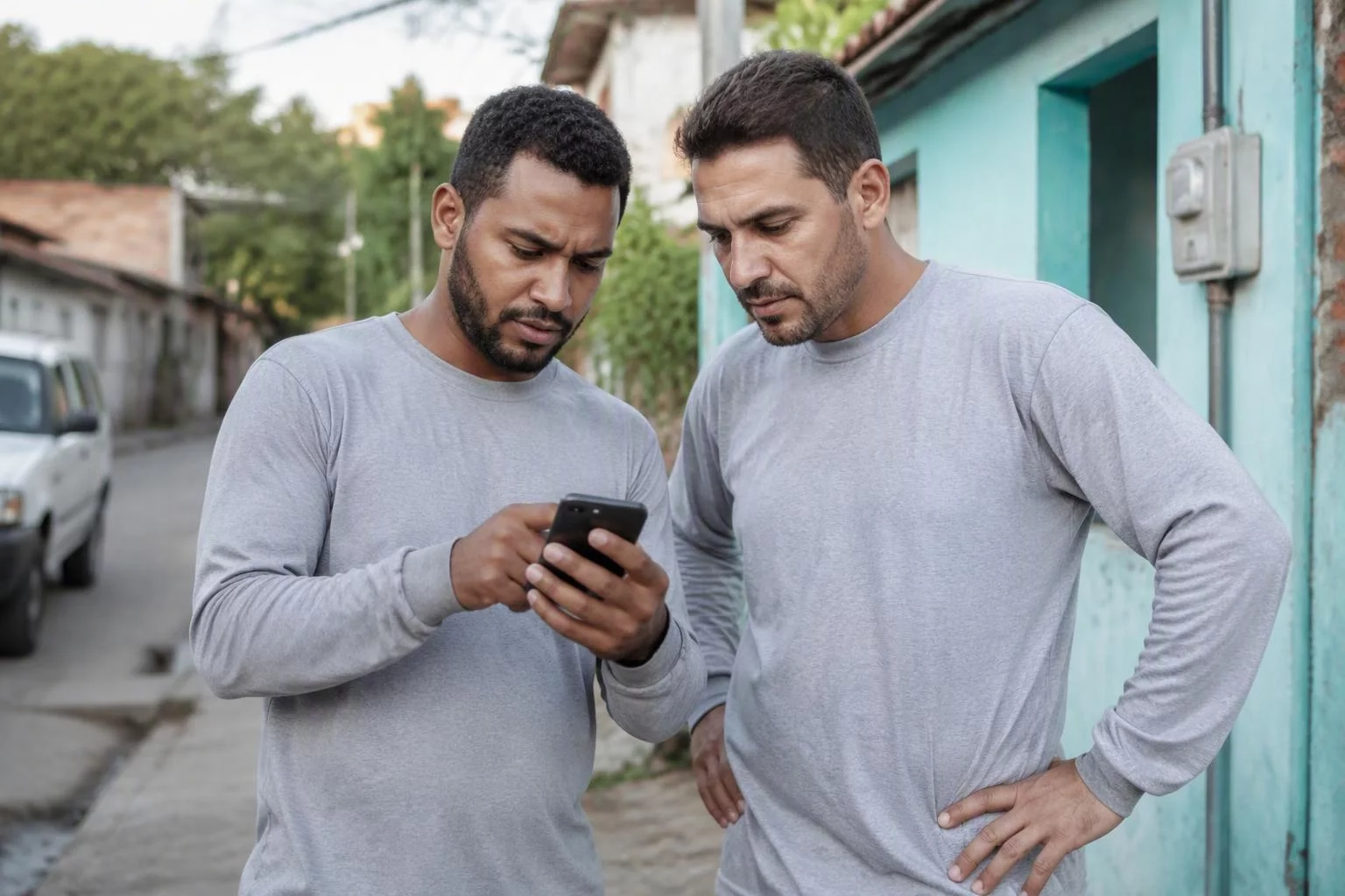 Equipe de campo conferindo uma ordem de serviço pelo celular