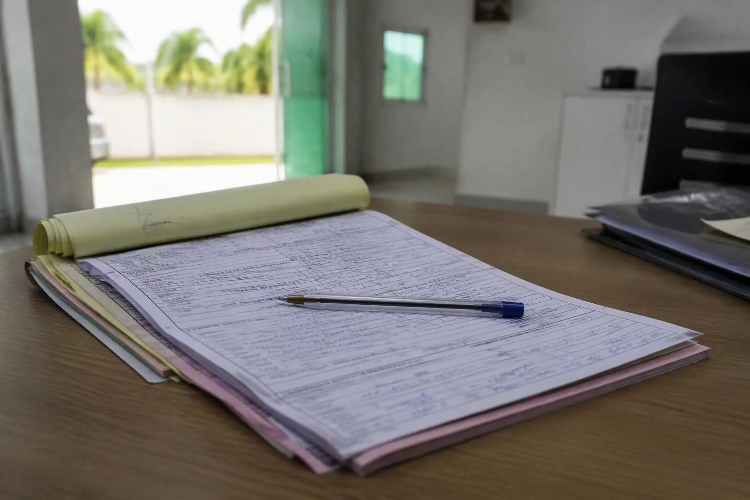Blocos de ordem de serviço em papel carbono empilhados na mesa
